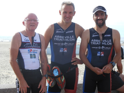 Site d'arrivée du triathlon de Berck: Jean-Luc,Sam,Ludo "en gros plan" 